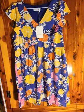 NWT Emily Wonder Floral Flutter Sleeve V-Neck Mini Dress Blue Yellow Orange